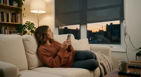 Fotografía de una mujer manipulando el control de sus cortinas con su celular en su casa inteligente