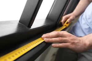 Foto de las manos de un hombre que aprende cómo medir una ventana con ayuda de Canetcam